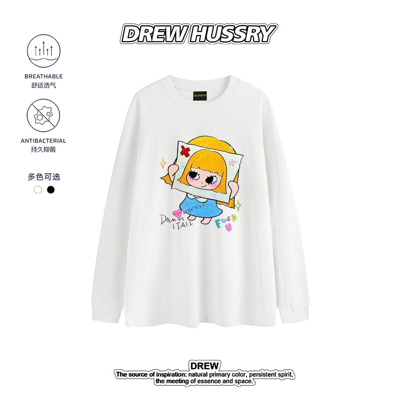 DREW美式卡通印花长袖T恤男女情侣款宽松百搭纯棉上衣