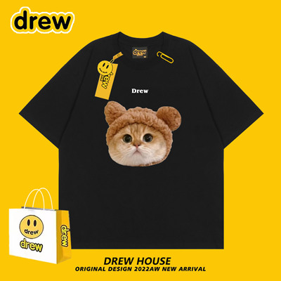 Drew笑脸可爱猫咪T恤百搭宽松情侣装圆领纯棉上衣休闲夏季ins短袖