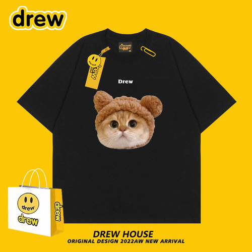 Drew笑脸可爱猫咪T恤百搭宽松情侣装圆领纯棉上衣休闲夏季ins短袖