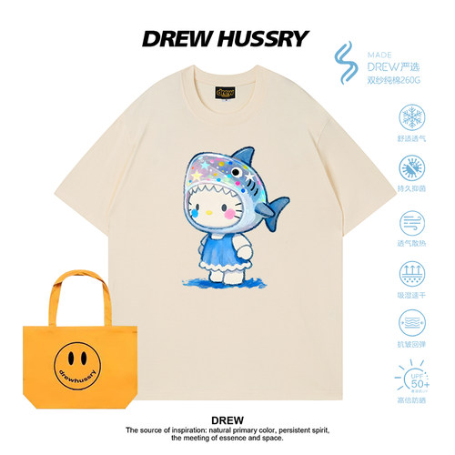 Drew美式卡通KT猫印花短袖T恤男女宽松纯棉情侣装百搭半袖