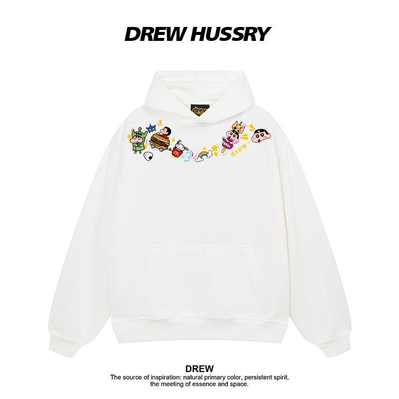 Drew美式潮牌蜡笔小新卡通印花连帽卫衣男女情侣装男女帽衫上衣