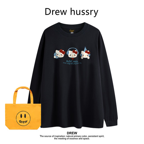 Drew美式潮牌KT猫可爱休闲印花圆领纯棉长袖T恤春秋情侣装