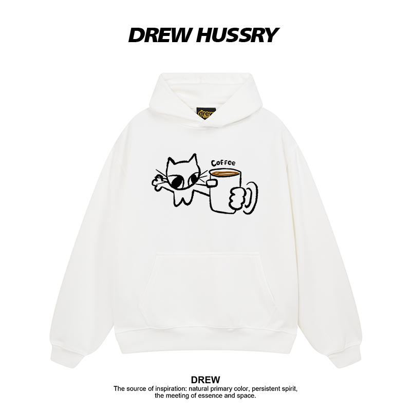 Drew美式卡通咖啡猫咪搞怪休闲印花连帽卫衣男女宽松百搭情侣上衣