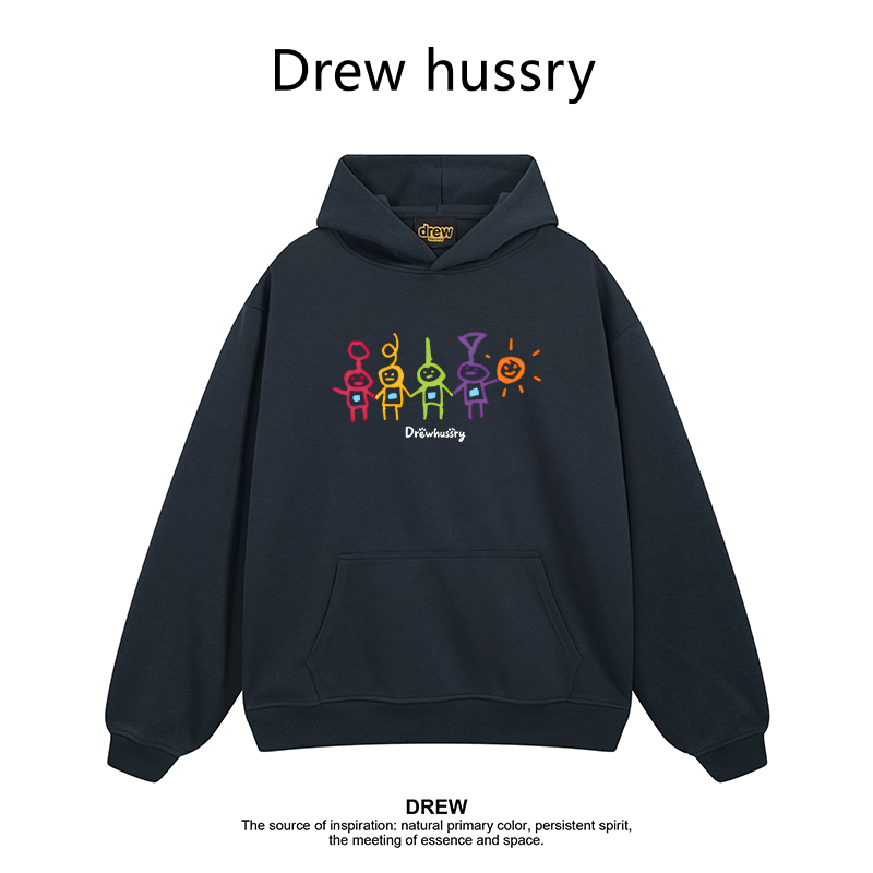 Drew美式潮牌天线宝宝印花连帽卫衣秋冬加绒宽松情侣圆领套头上衣