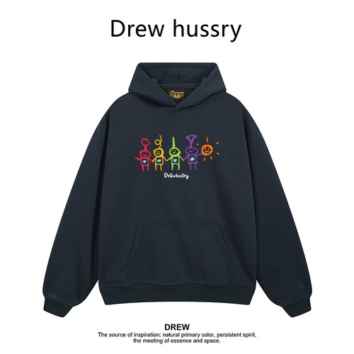 Drew美式潮牌天线宝宝印花连帽卫衣秋冬加绒宽松情侣圆领套头上衣