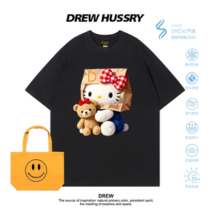 Drew美式卡通HelloKitty印花短袖T恤男女宽松可爱情侣装纯棉半袖
