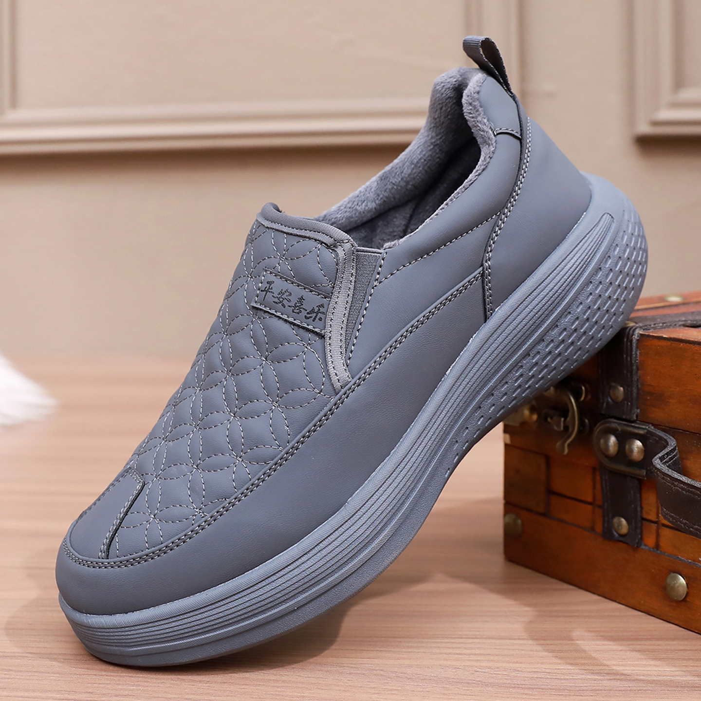 秋冬薄绒二棉男鞋中老年爸爸鞋