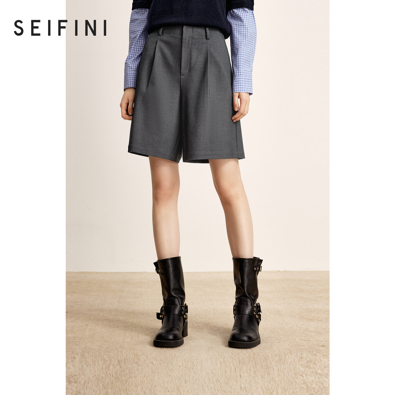 【商场同款】诗凡黎灰色高腰直筒休闲裤2024冬新款短裤3FA152211