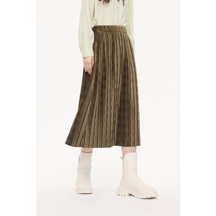 中长裙子3EB142042 诗凡黎直筒褶皱半身裙2023冬新款 商场同款