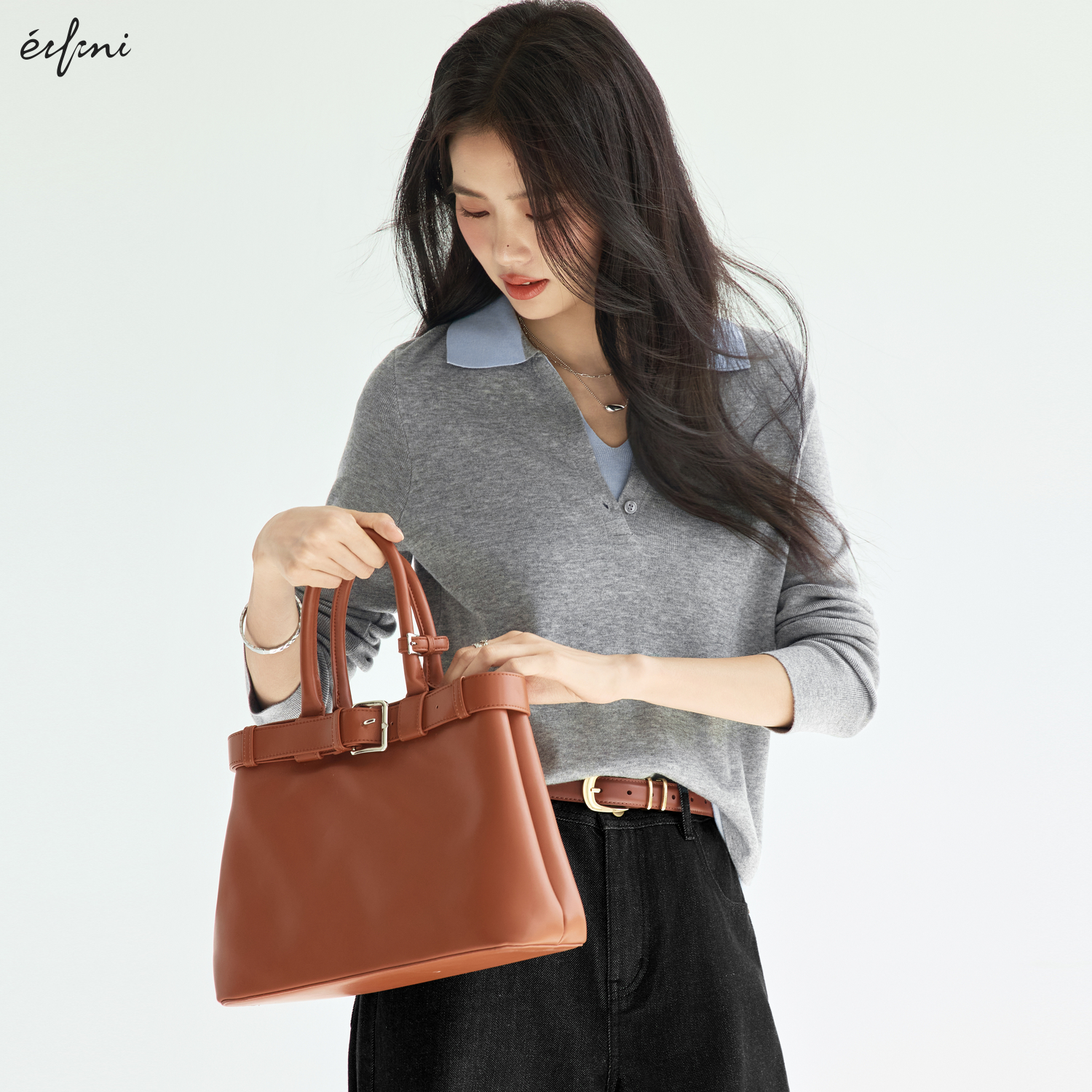 伊芙丽POLO领撞色假两件长袖套头针织衫2025秋季新款百搭毛衫