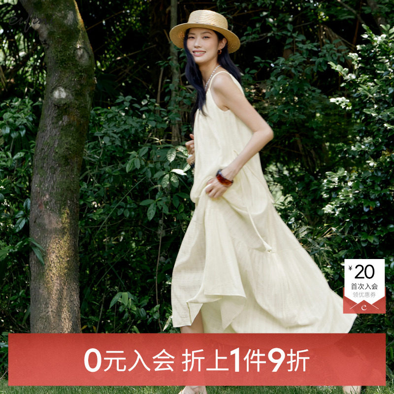 伊芙丽肌理感雪纺连衣裙女夏不收腰宽松装饰花系带2025夏装新款