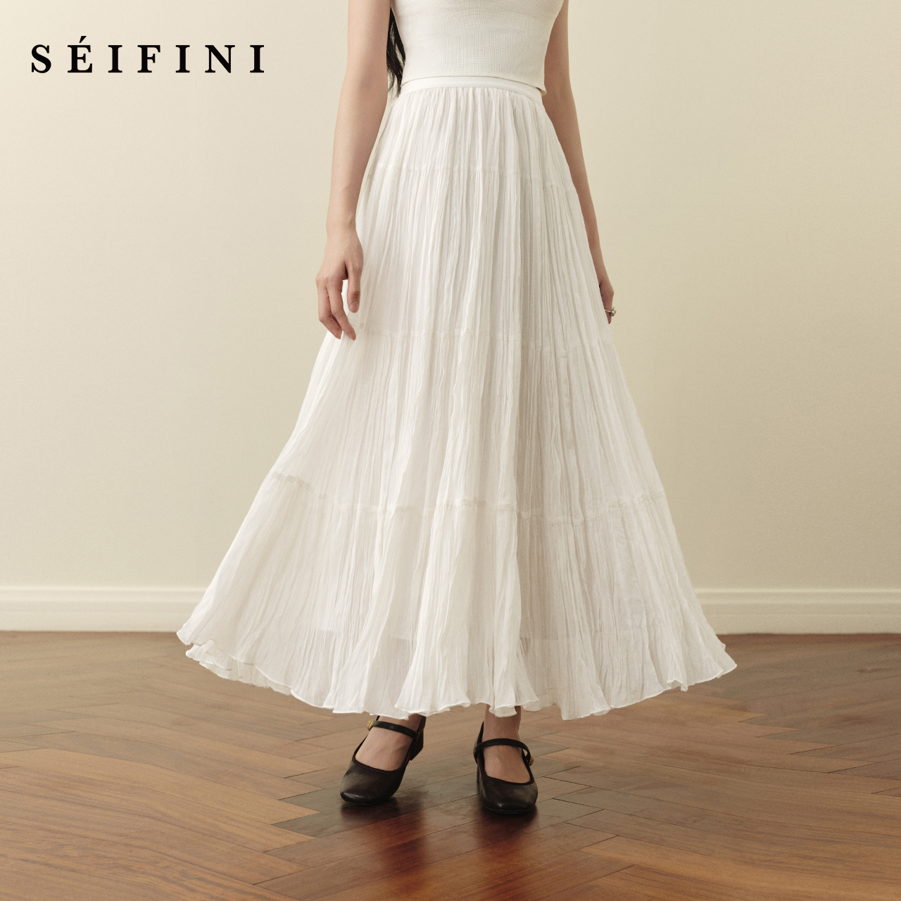 【孟子义同款】诗凡黎不规则重工压褶半身裙2025秋松紧腰蛋糕长裙