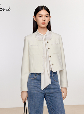 伊芙丽outlets店老钱风小香风白色短外套春秋绵羊毛混纺上装女