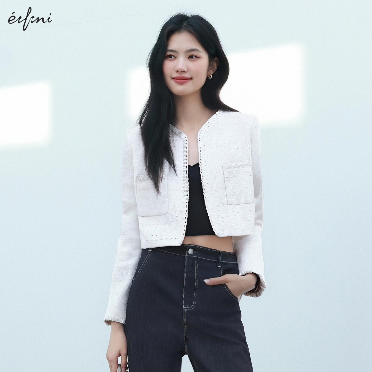 伊芙丽outlets店名媛风小香风白色短外套春夏气质法式上衣女装