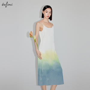 伊芙丽outlets店丁达尔晕染吊带连衣裙春夏度假风后开衩长裙女