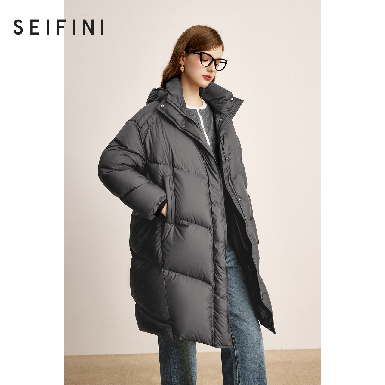 【商场同款】诗凡黎立领连帽鸭绒羽绒服2024年冬新款女3FB780271R