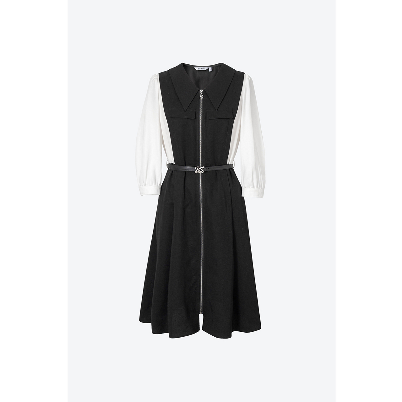 诗凡黎假两件拼接连衣裙黑白撞色学院风长裙女伊芙丽outlets店