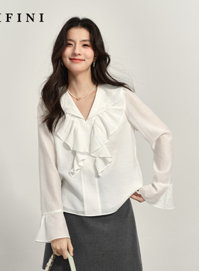【商场同款】诗凡黎白色荷叶领衬衫2025春新款衬衣女3G3220841R