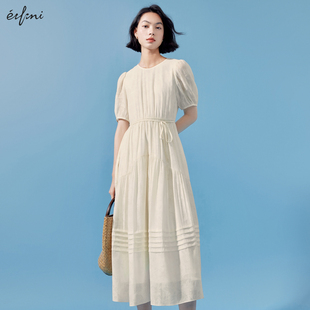 茶歇裙 新款 伊芙丽圆领连衣裙女气质绝美白色泡泡袖 仙女裙2024春装