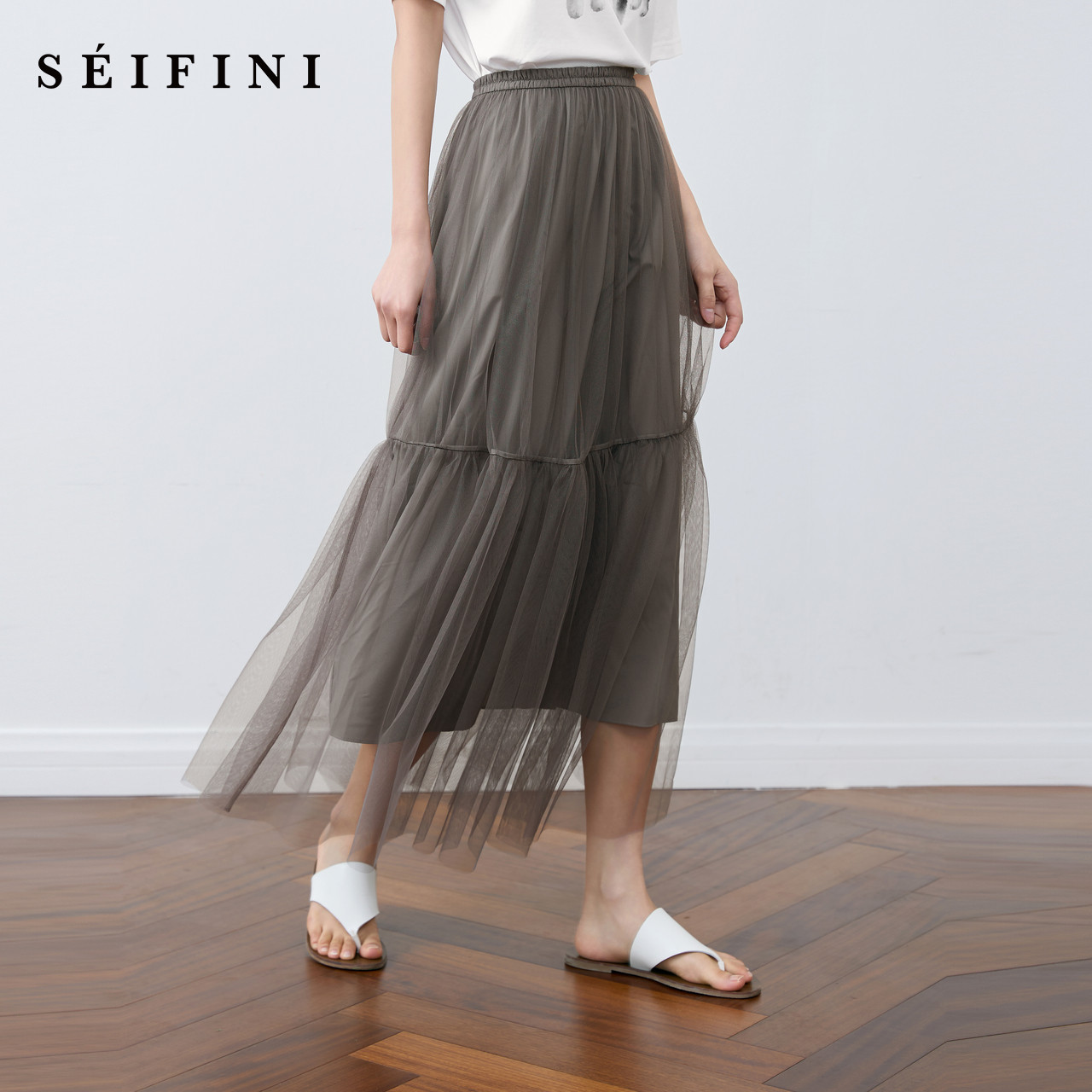 诗凡黎浪漫法式碎褶网纱显瘦中长蛋糕裙半身裙女伊芙丽outlets店