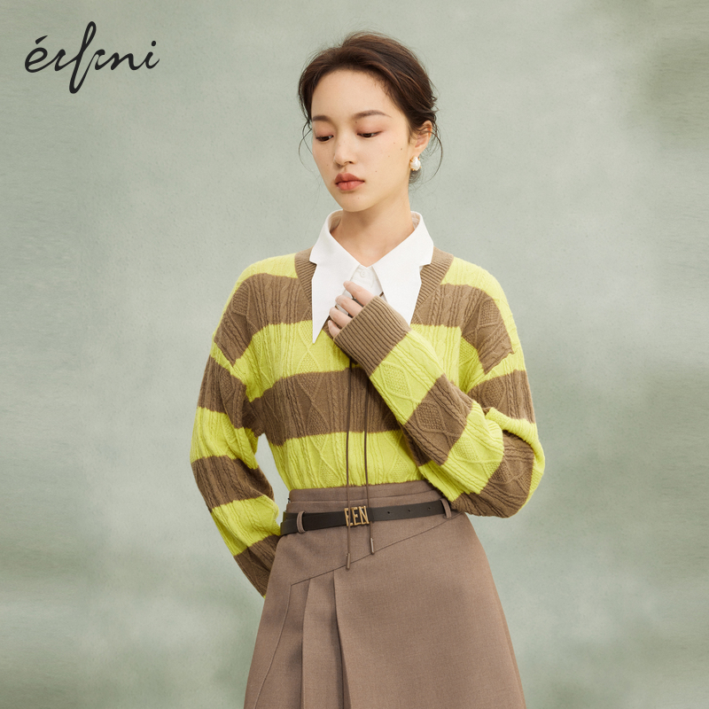 【商场同款】伊芙丽秋季条纹气质优雅百搭休闲毛针织衫1E1130021