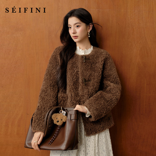 诗凡黎100%绵羊毛保暖羊羔毛短外套2025冬新款摇粒绒宽松毛毛外套