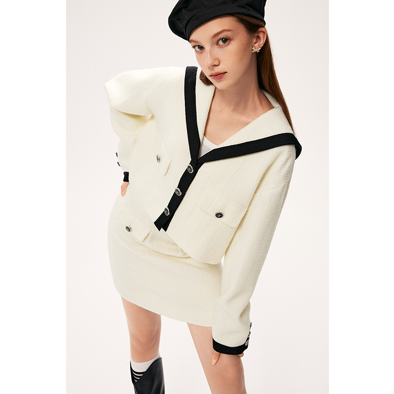 诗凡黎小香风短外套2024年春新款撞色海军风翻领羊毛上衣高腰半裙
