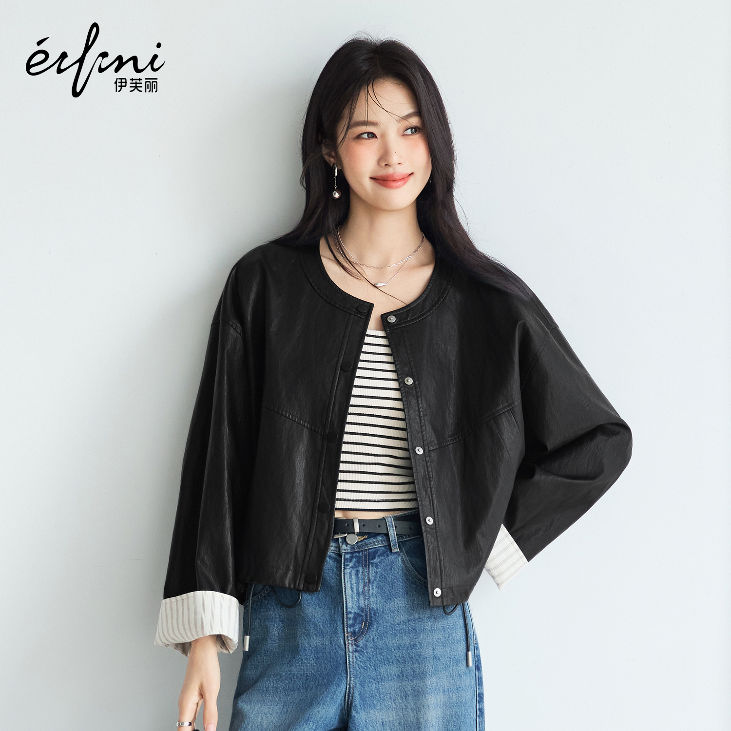 伊芙丽撞色翻边袖复古设计下摆抽绳百搭休闲外套女2025秋季新款