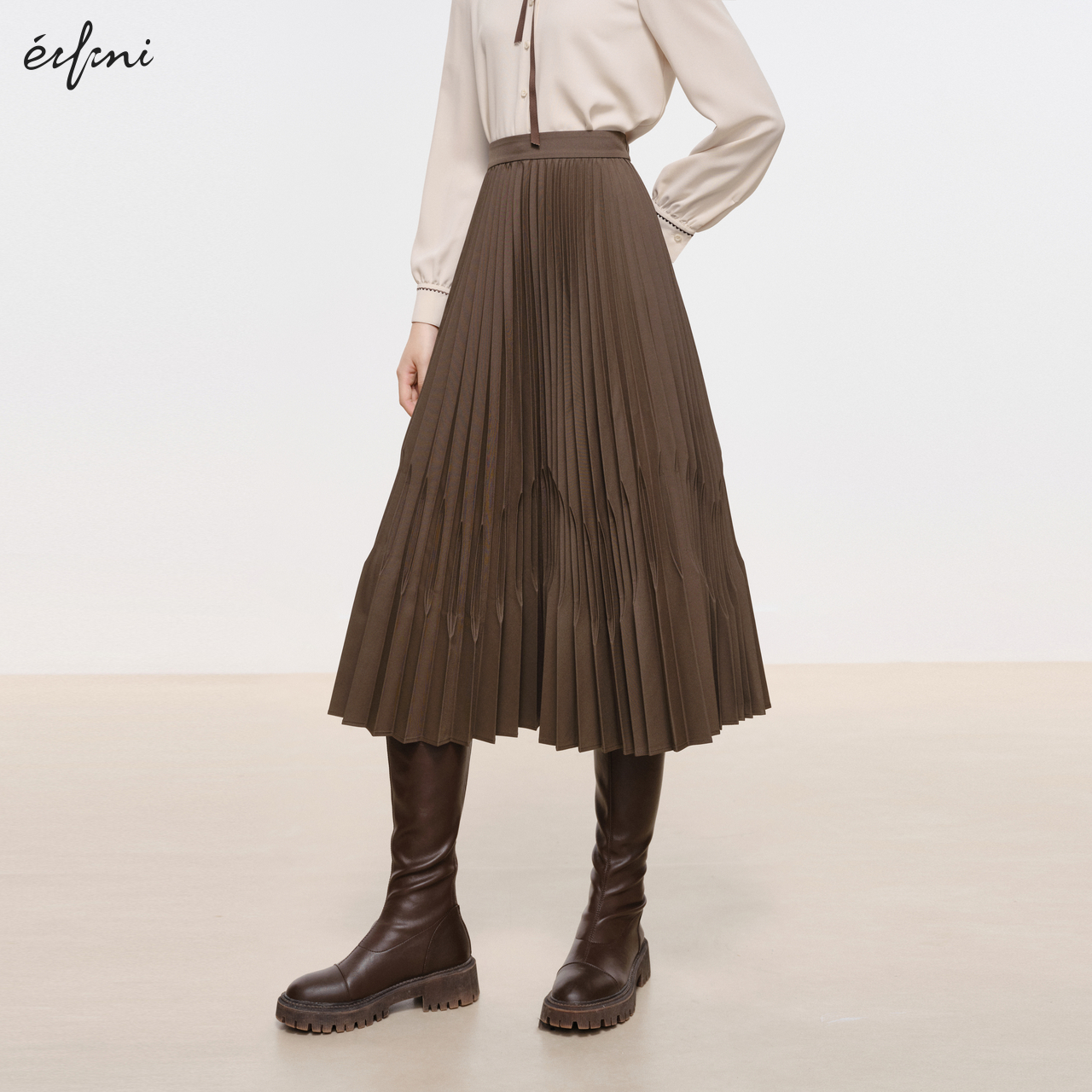伊芙丽outlets店美拉德棕色百褶裙半身裙春夏高腰显瘦中长裙女