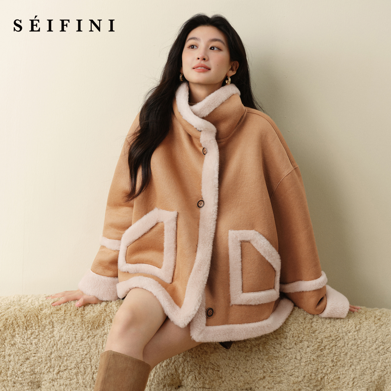 诗凡黎皮毛一体加厚保暖短外套2025冬新款宽松两穿麂皮气质外套女