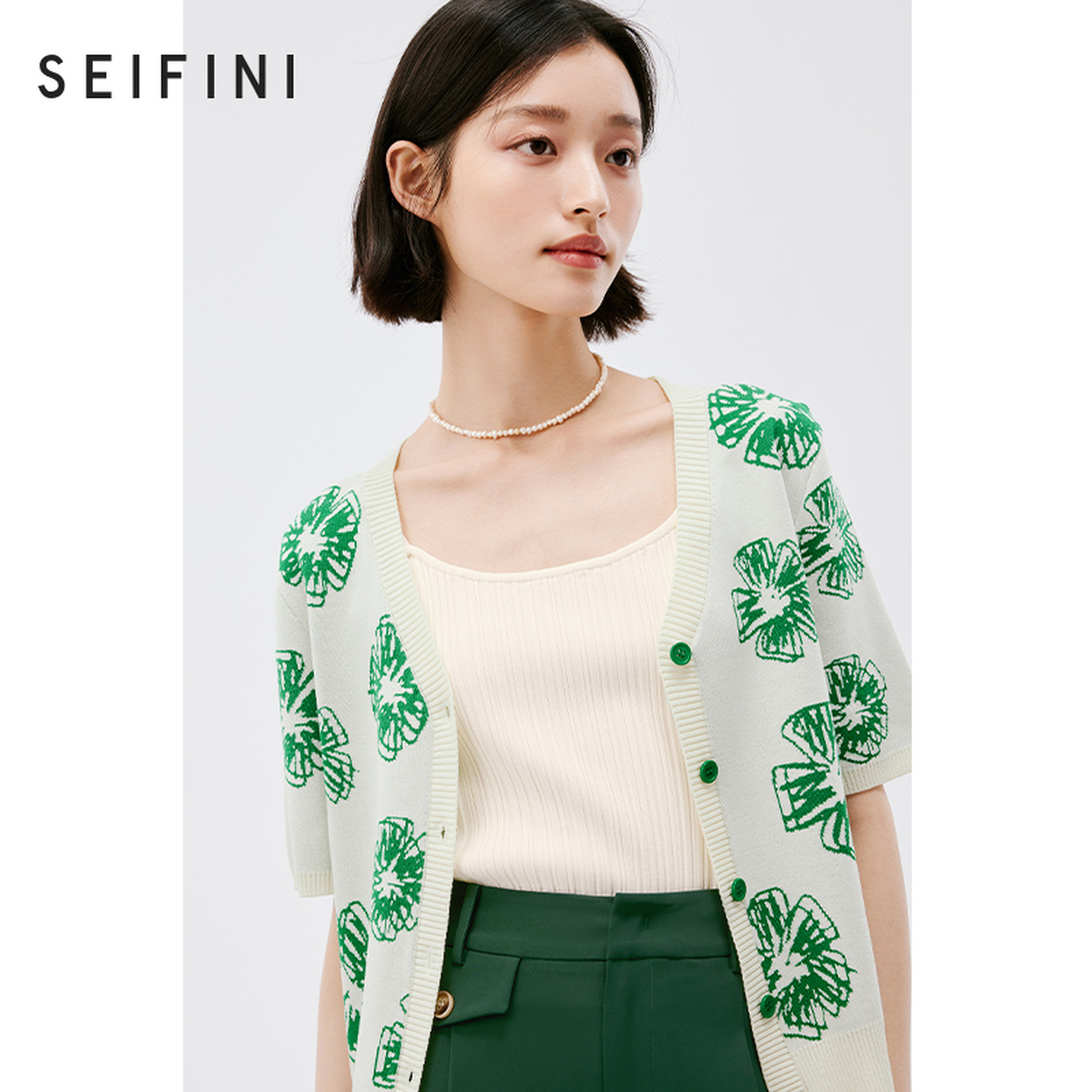 诗凡黎莱赛尔针织开衫2023年冬新款温柔系花朵绿色v领短袖上衣女