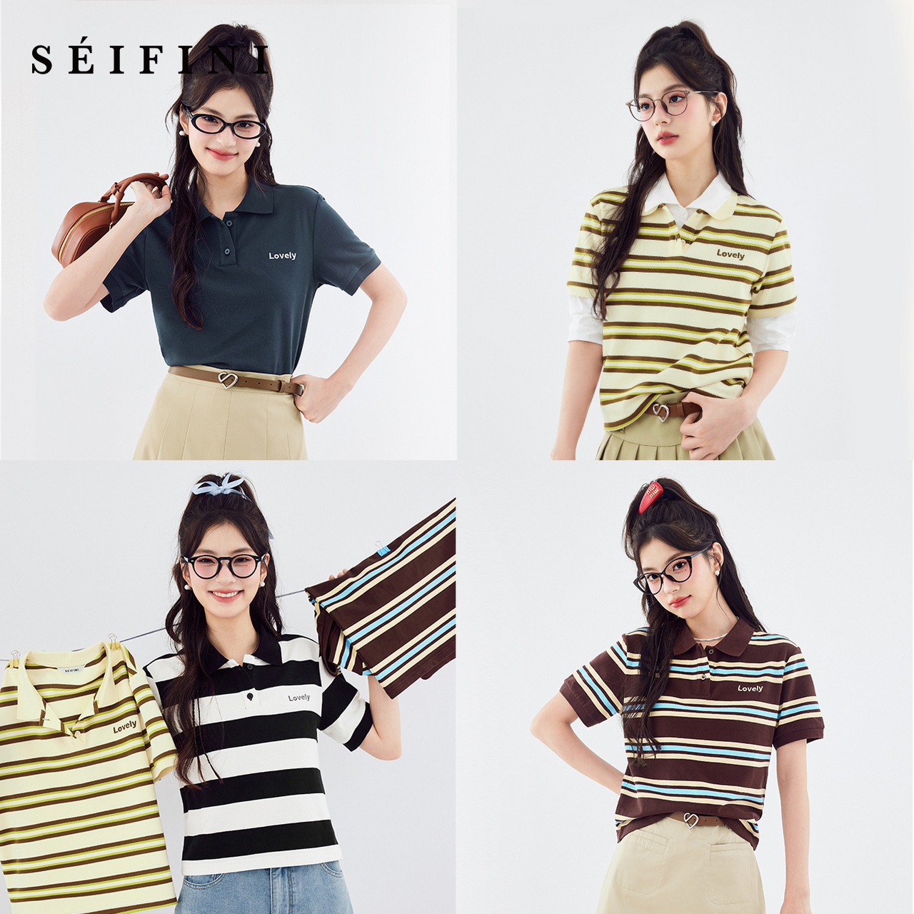 诗凡黎条纹polo领针织短袖T恤春夏宽松翻领上衣女伊芙丽outlets店