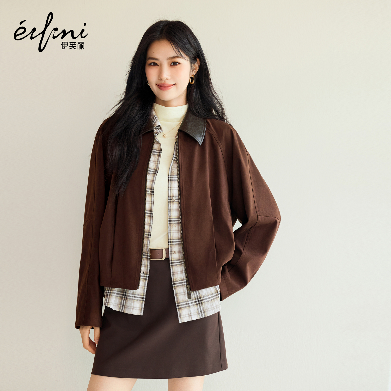 蒋欣代言伊芙丽麂皮撞色拼皮领短外套咖色女士外套2025秋季新款