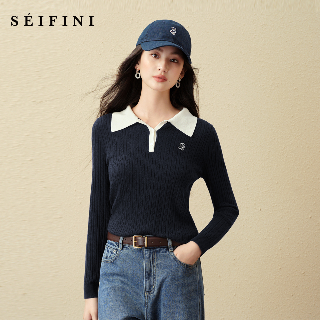 诗凡黎经典Polo领绞花针织衫2025秋新款修身显瘦休闲百搭长袖上衣
