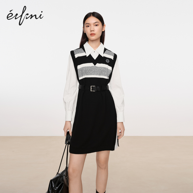 【商场同款】伊芙丽假两件条纹针织连衣裙女2023秋装新1EA193081