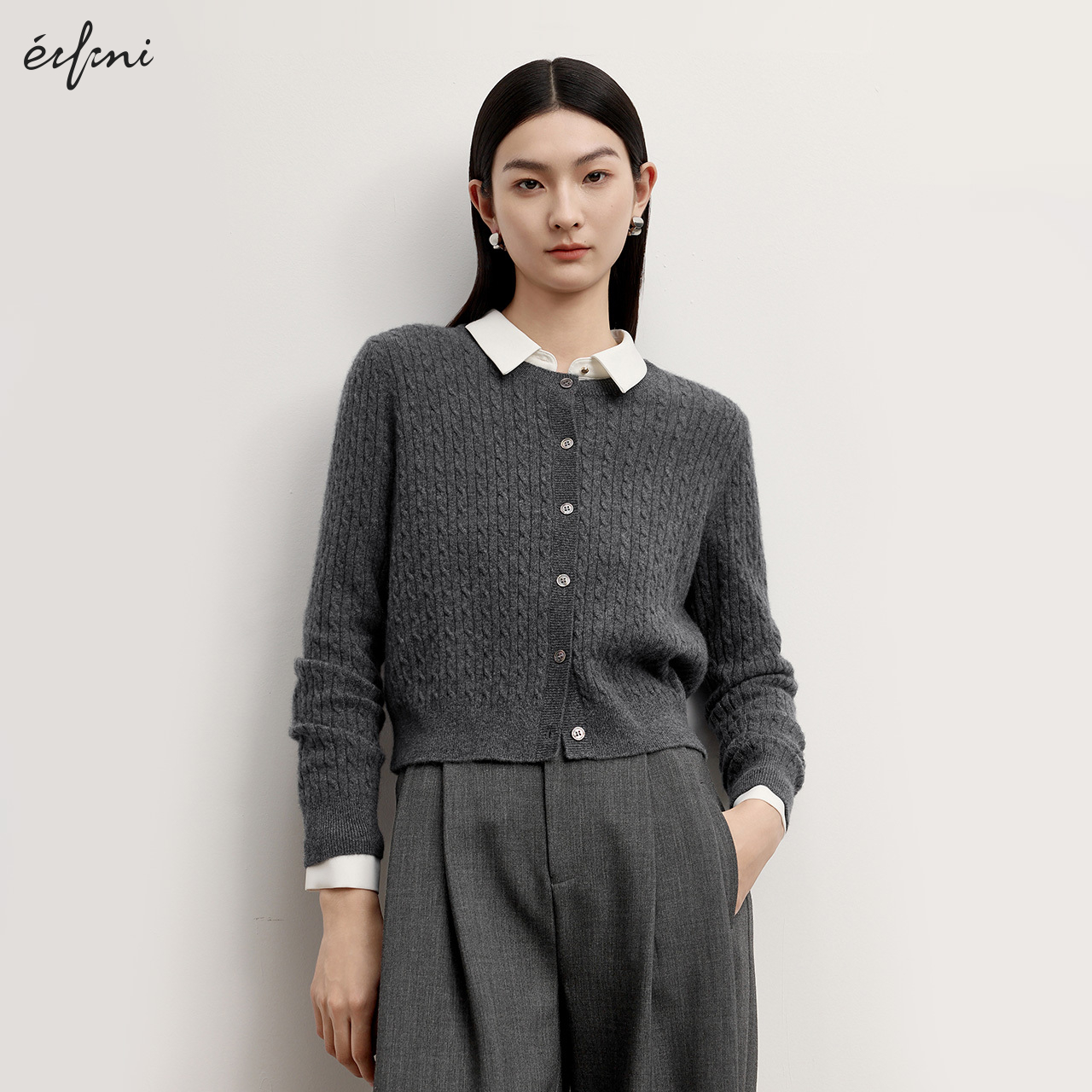 【全羊绒】伊芙丽圆领绞花气质温柔百搭羊绒衫上衣女2024秋季新款