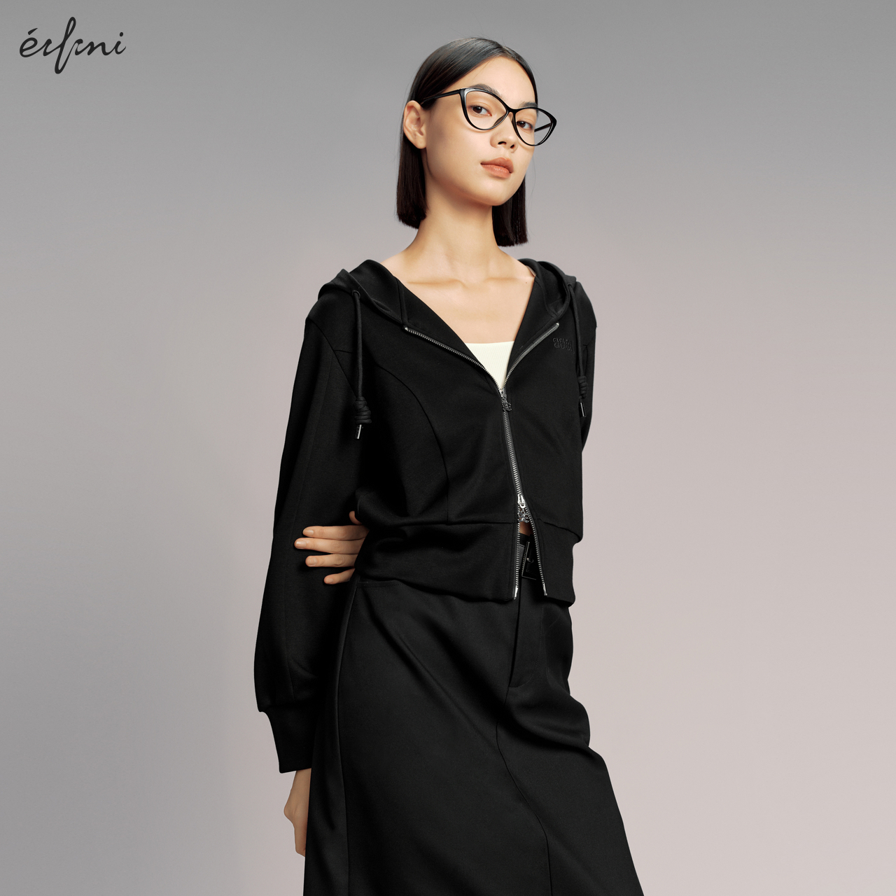 伊芙丽outlets店宽松休闲连帽拉链卫衣外套春秋户外运动上衣女