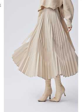 伊芙丽outlets店乳白色不规则百褶裙半身裙春夏高腰显瘦中长裙女