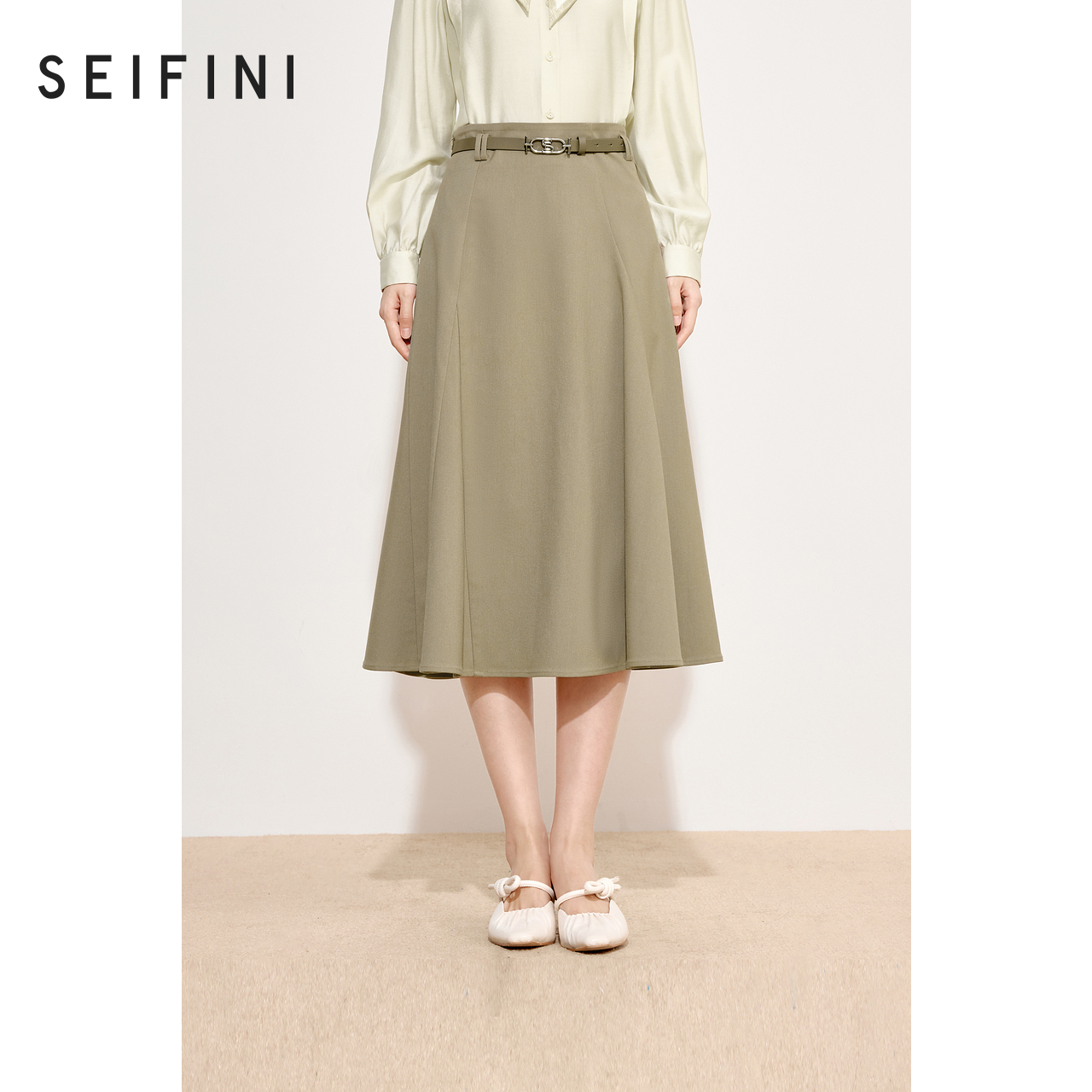 诗凡黎橄榄绿通勤休闲A字半身裙春夏中长伞裙女伊芙丽outlets店