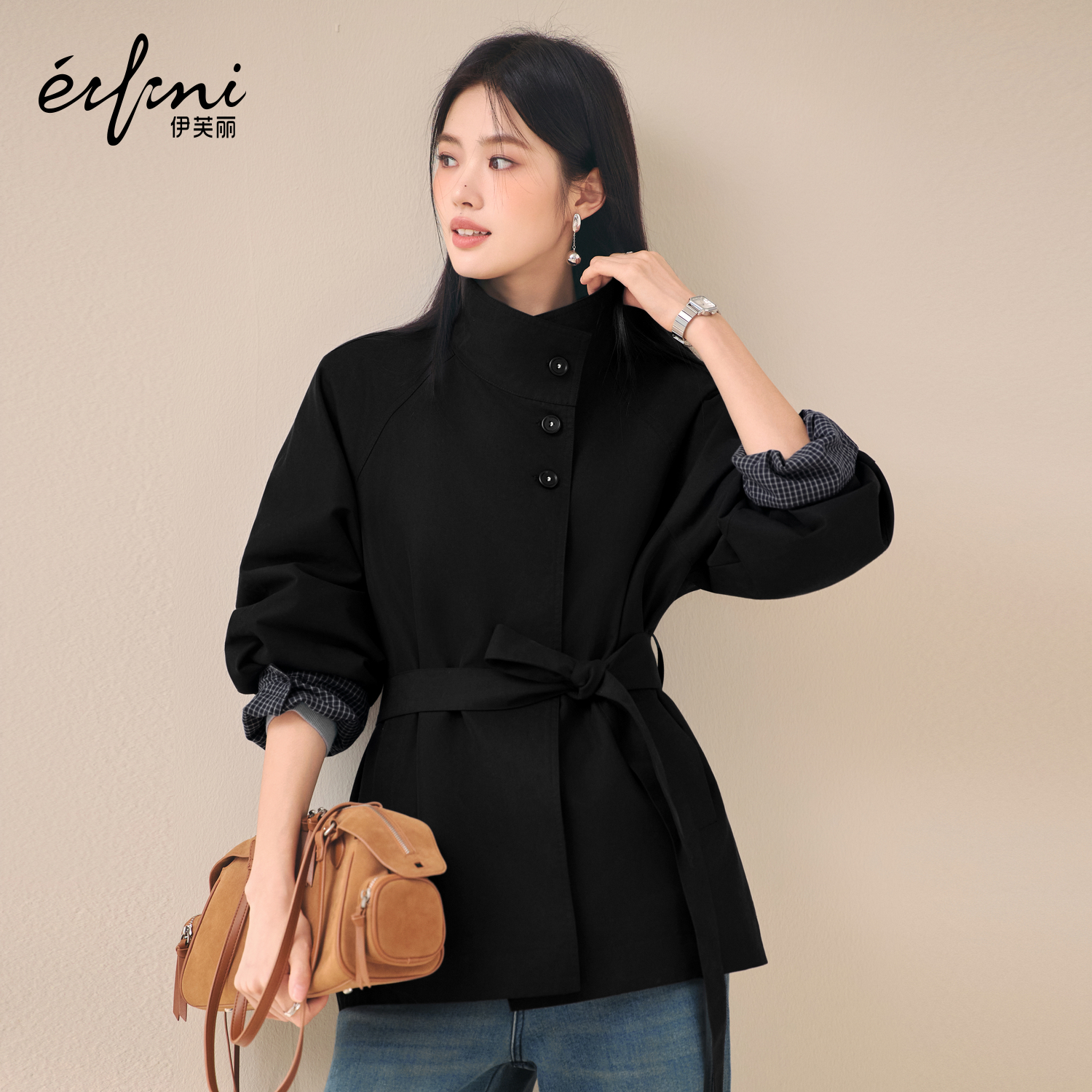 伊芙丽时尚立领一手长风衣女2025秋季新款简约气质通勤外套女