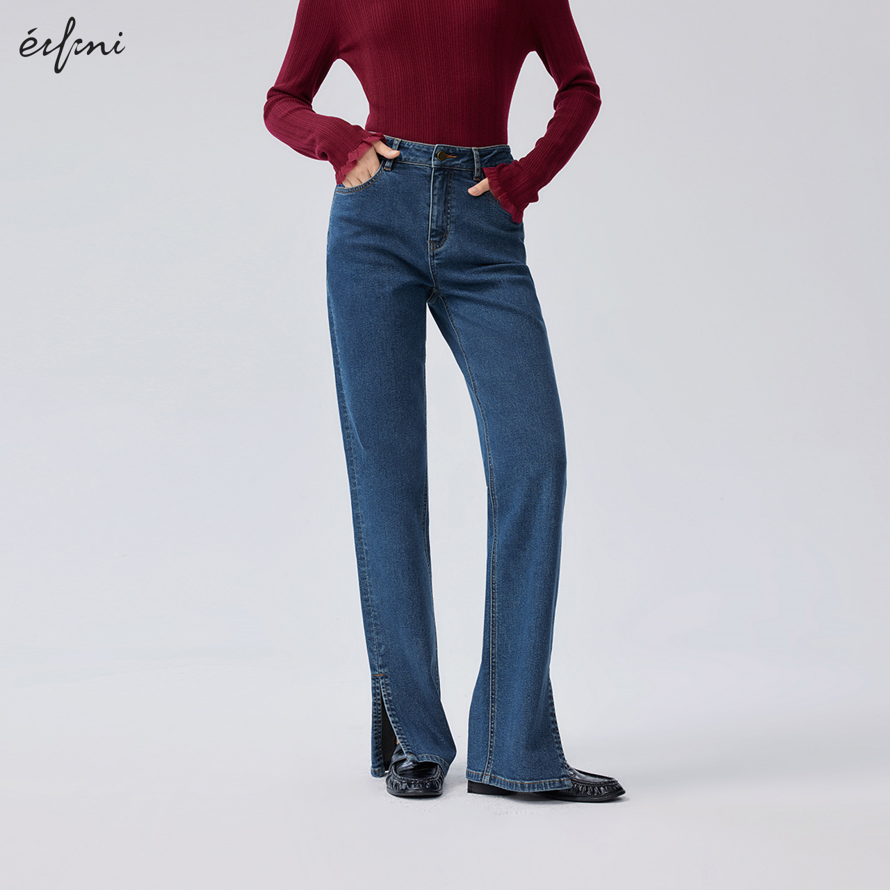 伊芙丽土耳其进口面料弹力舒适美式复古喇叭裤女新牛仔裤