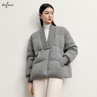 新款 伊芙丽新中式 设计感V领羊绒鸭绒填充羽绒服女外套2024冬季