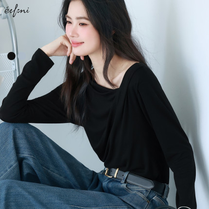伊芙丽outlets店结构扭结斜肩莫代尔天丝长袖T恤春秋一字肩上衣女