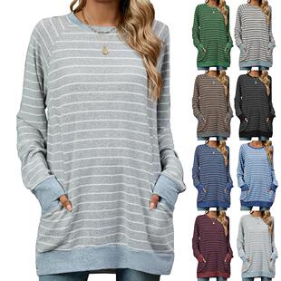 Striped contrast for color long shirt pocket neck round