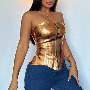 metallic slim sexy top Womens wrap shiny fashion leather