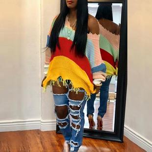 irregular stripe Sweater rainbow tassel color matching