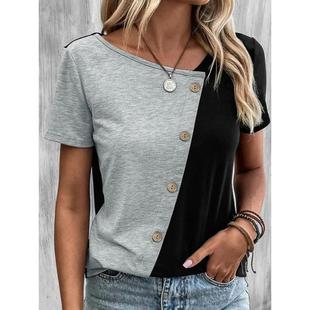 color collar oblique contrast block short top sleeved