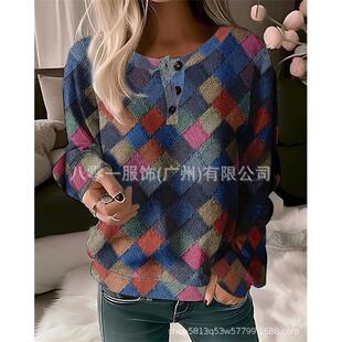 button simple design comfortable sleeved loose grid and
