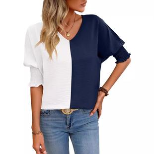 loose top block Womens color bat neck sleeves