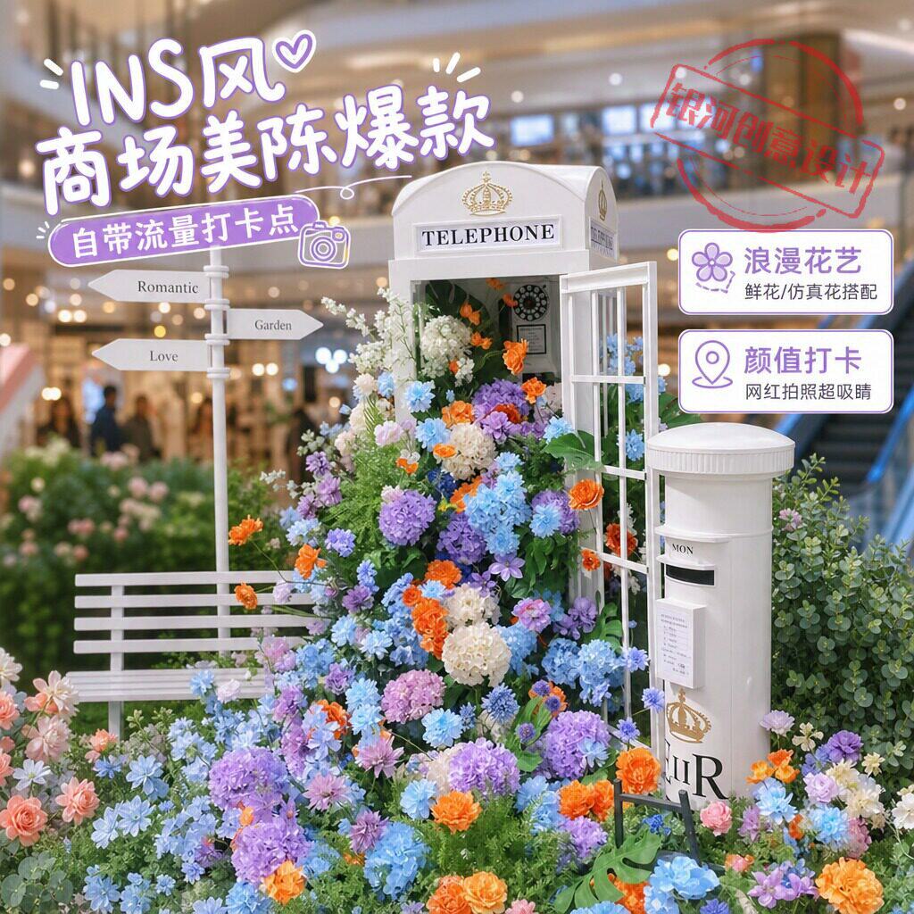 商业空间美陈定制复古电话亭邮筒组合景区商场网红打卡花艺摆件